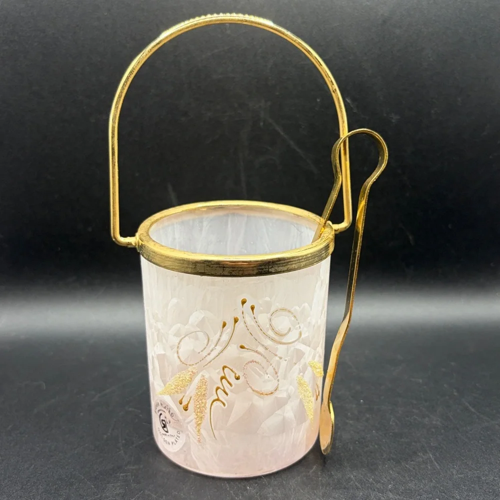 Vintage Creazioni Italy Personal Hand Painted Frosted Floral Ice Bucket w Tongs